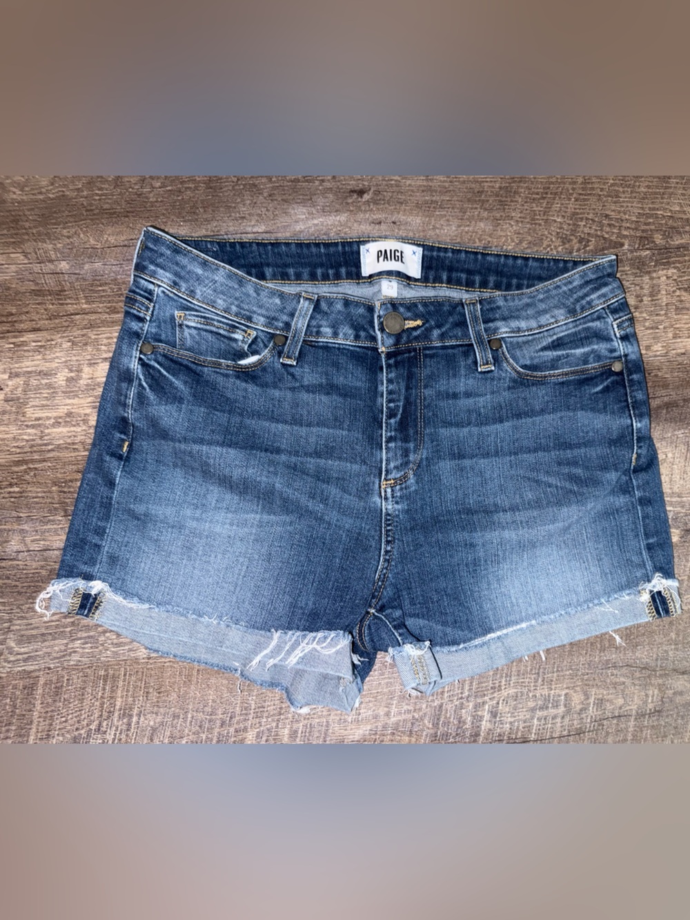 PAIGE Blue Washed Denim Cutoff Shorts